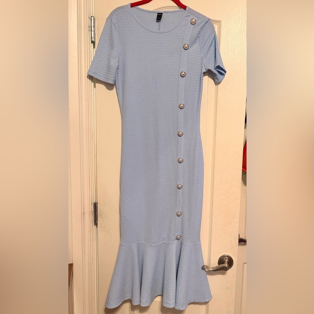 SHEIN Light Blue Button-Accent Midi Dress